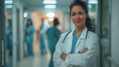 Confident Female Doctor in a Hospital Hallway