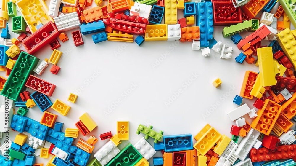 Bright white backdrop, empty center, scattered colorful bricks, various shapes and sizes, showcasing diversity Bright white backdrop, empty center, scattered colorful bricks, various shapes and sizes, showcasing diversity