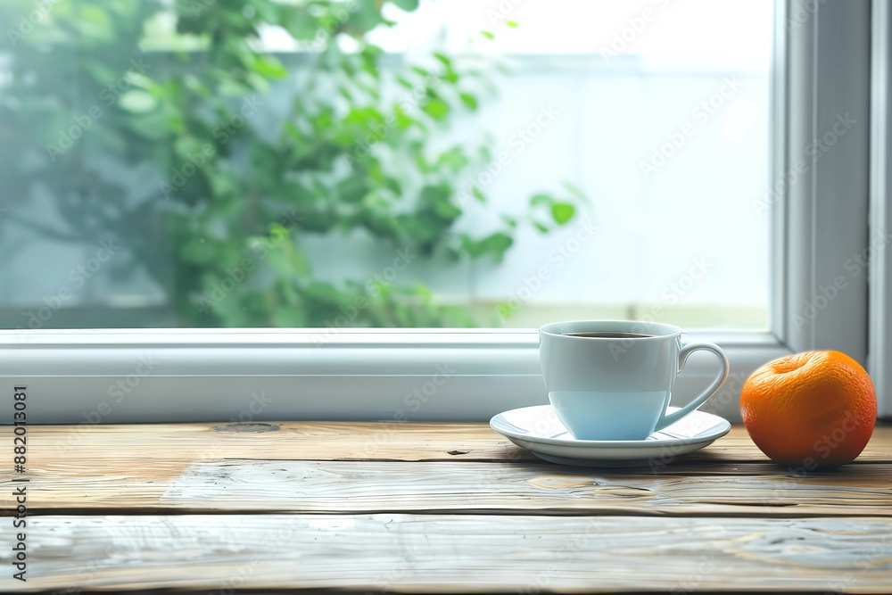 Morning coffee and orange on a wooden table by the window with a lush green view. A serene start to the day in a cozy setting. Morning coffee and orange on a wooden table by the window with a lush green view. A serene start to the day in a cozy setting.