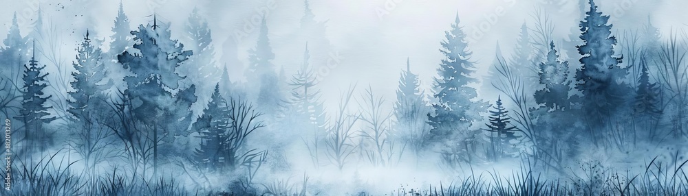 Obraz premium Watercolor foggy forest landscape, wintertime wild nature, serene and mystical atmosphere