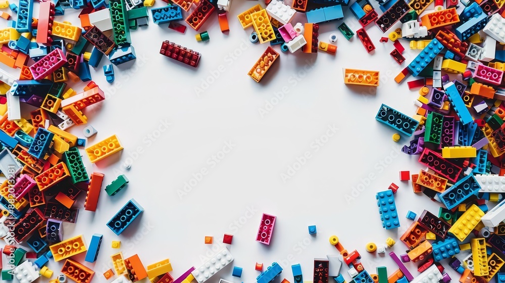 White backdrop, central white space, scattered vibrant bricks, different shapes and sizes, representing diversity White backdrop, central white space, scattered vibrant bricks, different shapes and sizes, representing diversity