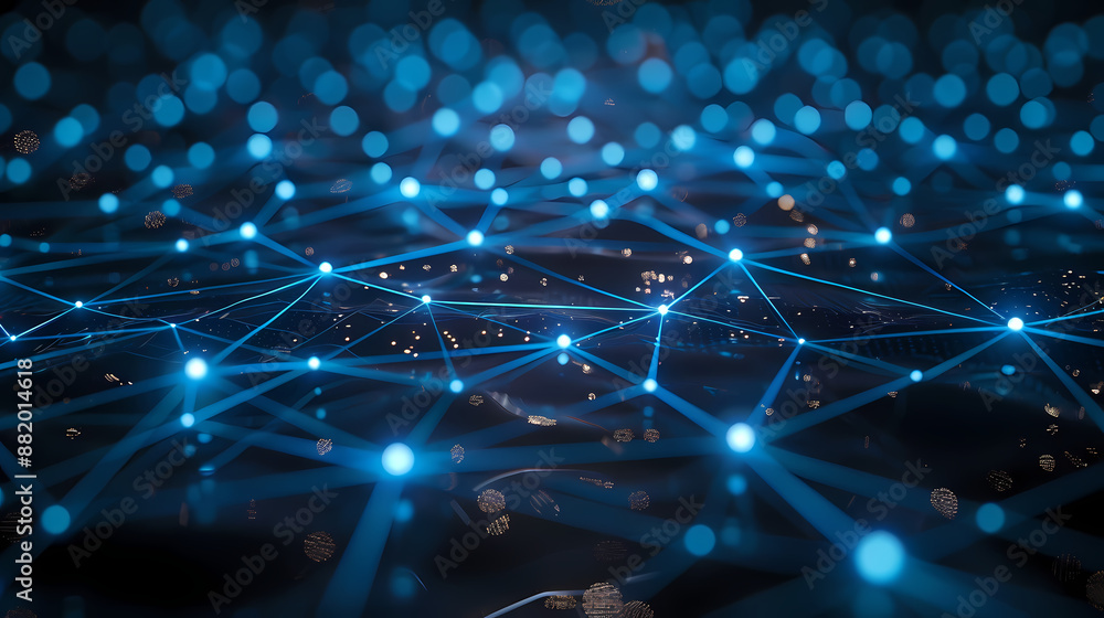 A simple network of glowing blue lines and nodes that create abstract geometric shapes. A dark blue background with hi-tech digital connectivity gives a futuristic feel. Details are sharp and clear. A simple network of glowing blue lines and nodes that create abstract geometric shapes. A dark blue background with hi-tech digital connectivity gives a futuristic feel. Details are sharp and clear.