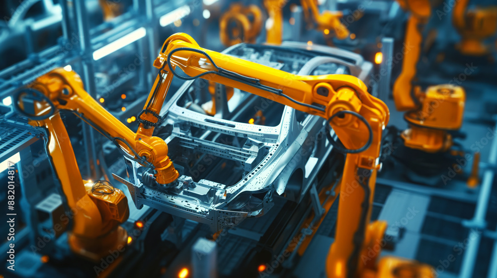 High-tech industrial robots assembling a car frame in an automated factory. High-tech industrial robots assembling a car frame in an automated factory.