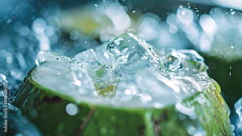 Refreshing coconut water with ice, macro shot showing the condensation 