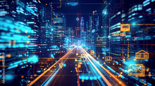 Futuristic cityscape with digital overlays and vibrant neon lights.