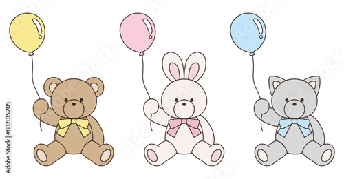 リボンをつけたかわいいくまとうさぎとねこのぬいぐるみのベクターイラストセット。アイコン、風船	