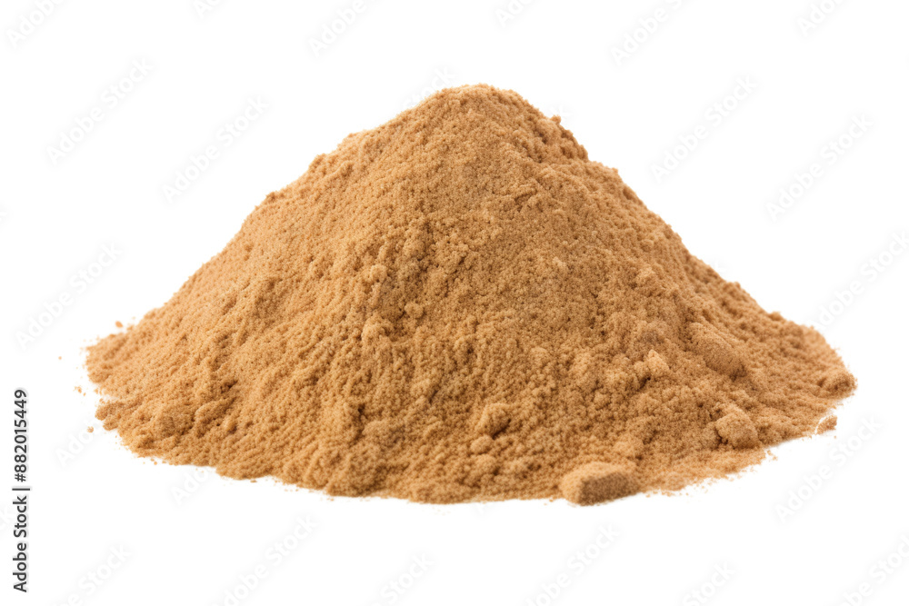 A compact pile of coarse desert sand with a mix of fine and larger grains, Isolated on white background A compact pile of coarse desert sand with a mix of fine and larger grains, Isolated on white background