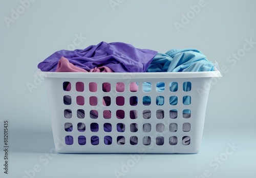 White Laundry Basket Filled With Colorful Clothing on Blue Background