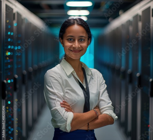Smiling Woman Standing in Server Room Aisle