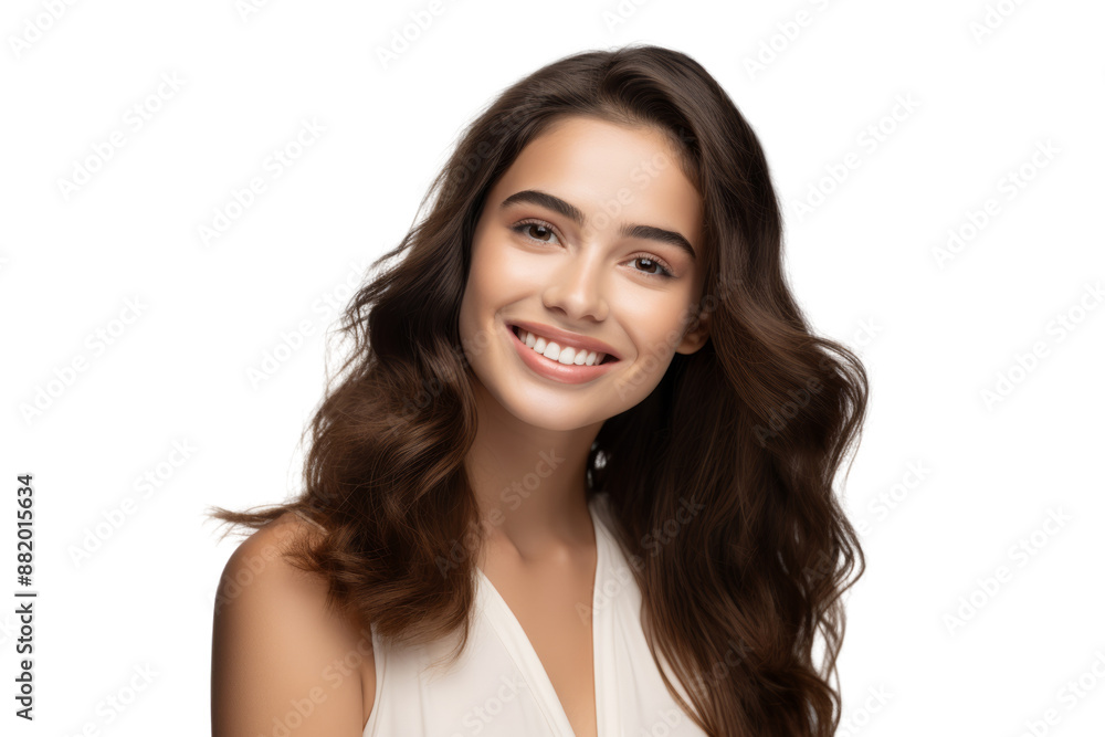 Youthful woman with glowing complexion and serene smile Isolated on white background Youthful woman with glowing complexion and serene smile Isolated on white background