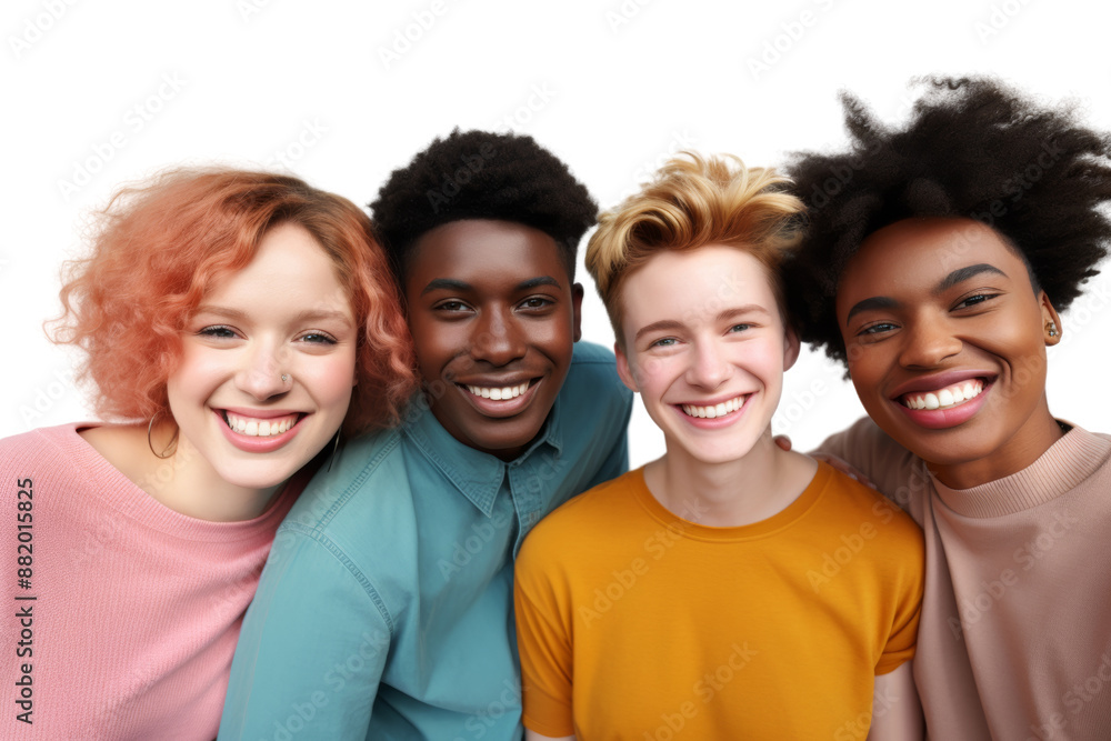 Young multicultural group of friends, including a nonbinary person, smiling and interacting warmly. Isolated on white background Young multicultural group of friends, including a nonbinary person, smiling and interacting warmly. Isolated on white background
