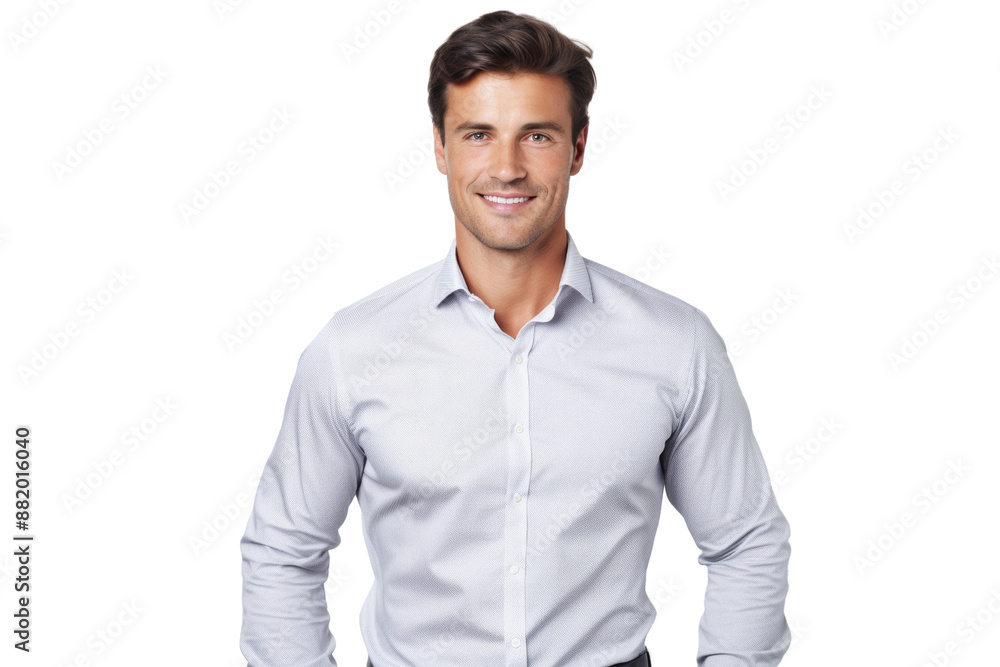 Young handsome business guy with a charming smile, dressed in a gray shirt, looking confidently at the camera. Isolated on white background Young handsome business guy with a charming smile, dressed in a gray shirt, looking confidently at the camera. Isolated on white background