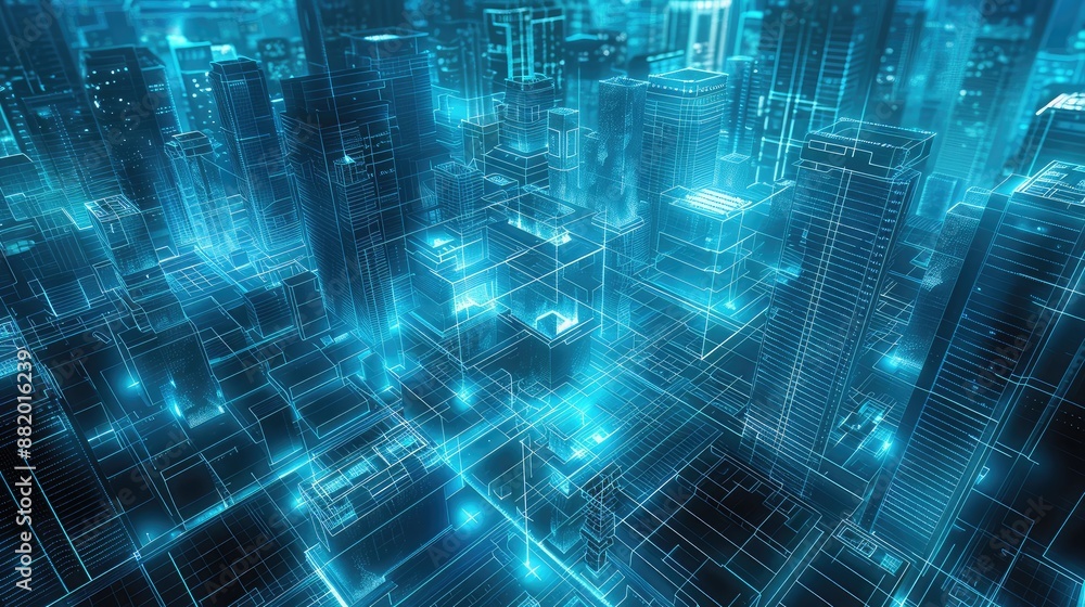 High-tech construction site with glowing blueprints High-tech construction site with glowing blueprints