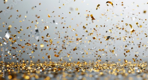 Gold and Silver Confetti Falling on a Grey Background