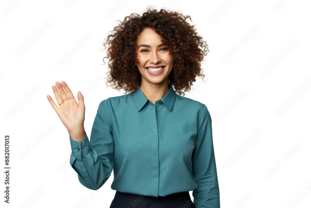 Woman with a perm and fashionable shirt enthusiastically presents an empty space with her palm. Isolated on white background Woman with a perm and fashionable shirt enthusiastically presents an empty space with her palm. Isolated on white background