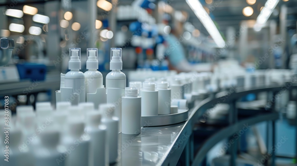 Bottles of Liquid Moving on a Conveyor Belt in a Modern Manufacturing Facility Bottles of Liquid Moving on a Conveyor Belt in a Modern Manufacturing Facility