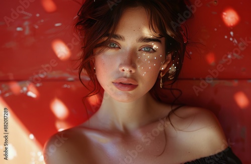 Woman With Dark Hair Posing Against Red Wall With Light Spots