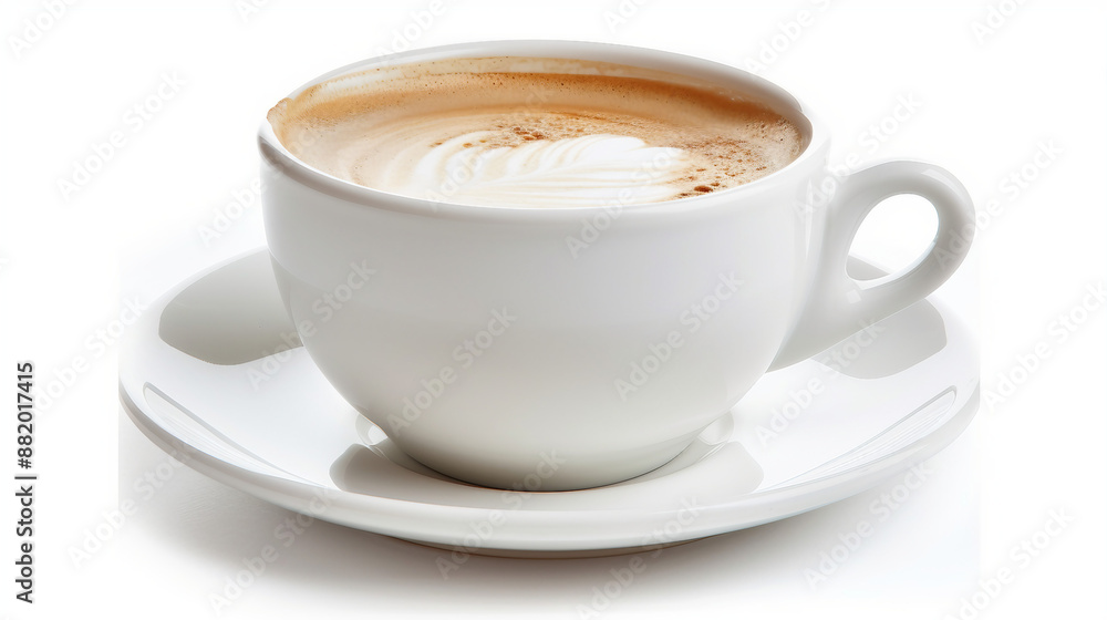 White Ceramic Coffee Cup with Milk Isolated on White Background, Ideal for Morning Refreshment and Café Concepts White Ceramic Coffee Cup with Milk Isolated on White Background, Ideal for Morning Refreshment and Café Concepts
