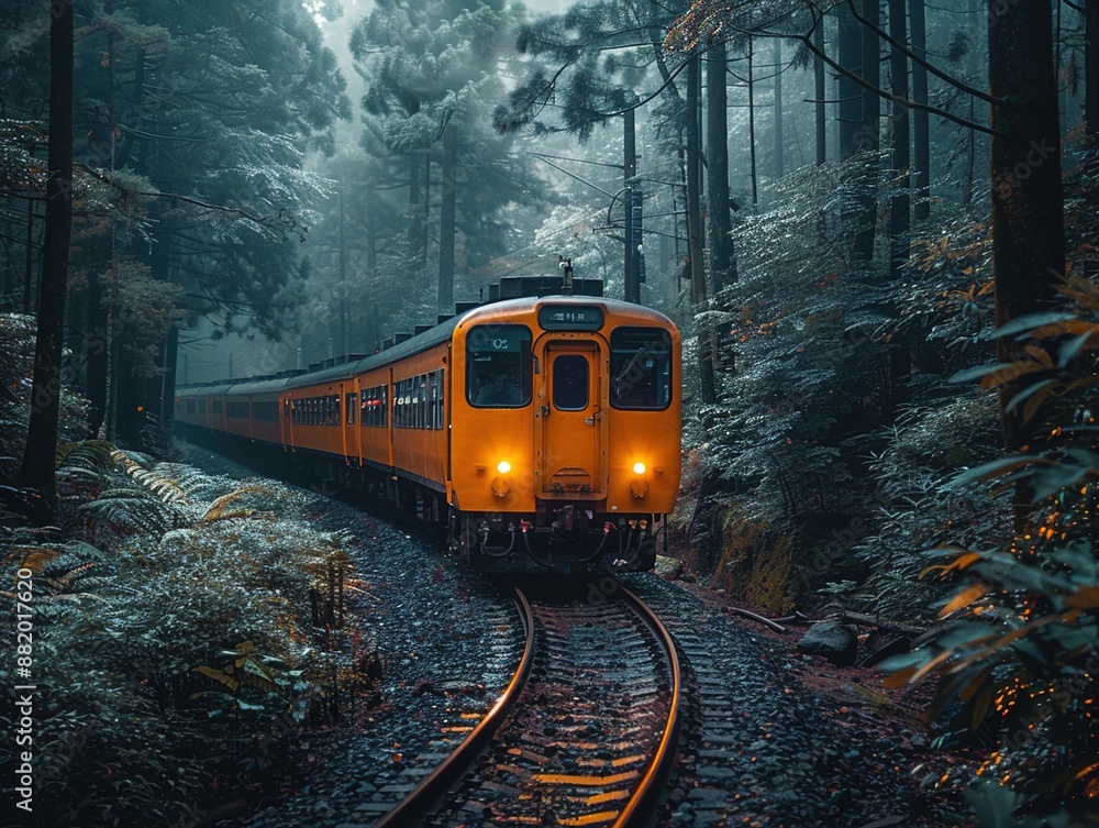 Fototapeta premium Environmentally conscious train journey through lush green forests, showcasing sustainable travel