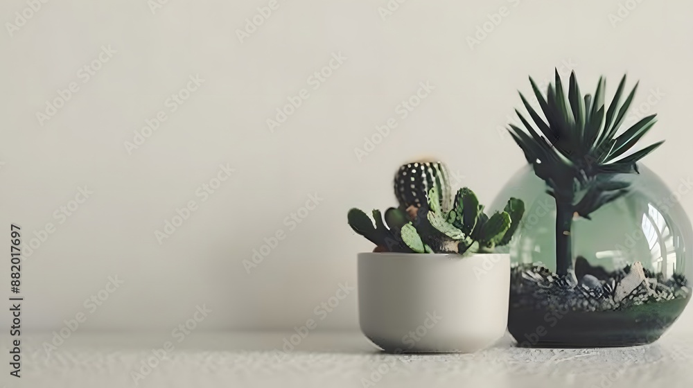Minimalistic still life with green glass vase and mini cactus plants. Minimalistic still life with green glass vase and mini cactus plants.