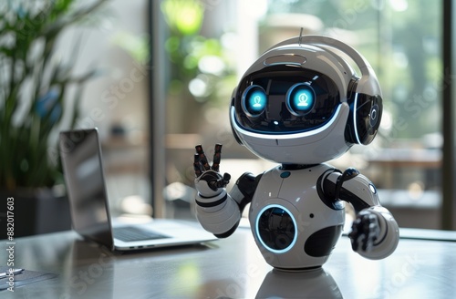 White Robot With Blue Eyes Making a Peace Sign Sitting on a Desk in an Office