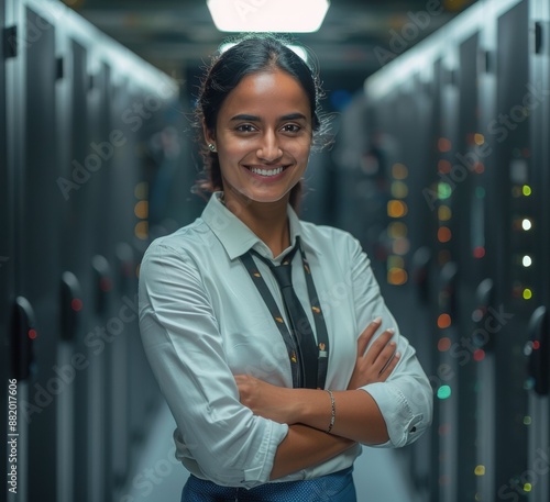 Smiling Woman Standing in Server Room Aisle