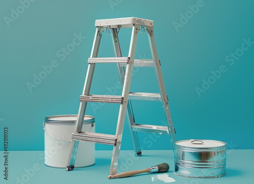 Silver Ladder and Blue Paint Cans Against a Light Blue Wall