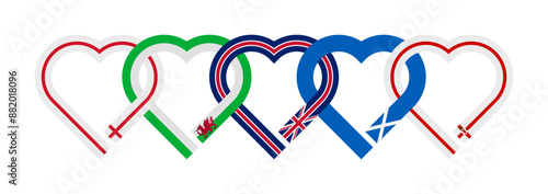 friendship concept. heart shaped ribbon icons of england, wales, united kingdom, scotland and northern ireland flags. vector illustration isolated on white background