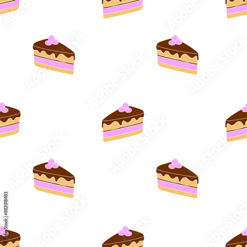 Pattern with slices of cake, cheesecakes on white background.