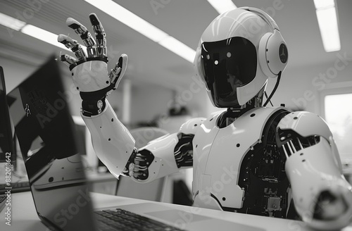 White Robot With Headphones Working on Laptop in Modern Office
