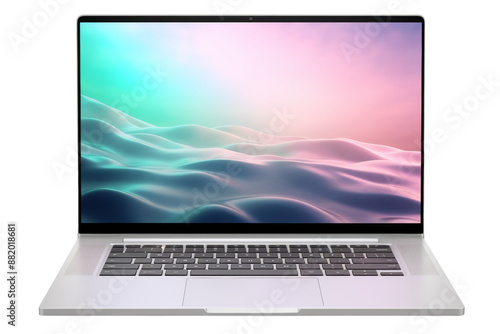 Transparent screen laptop mockup, front view, isolated on white background