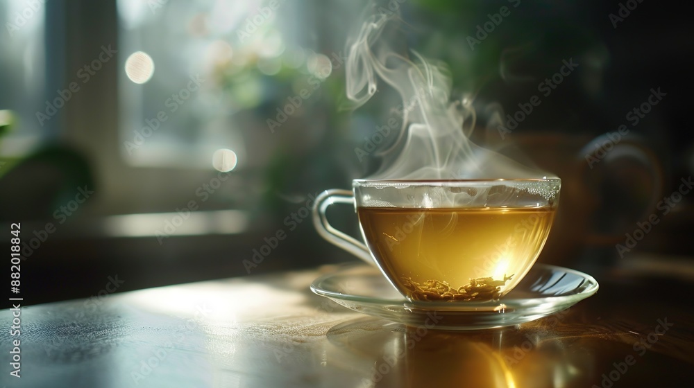 Serene Close-Up of Steaming Cup of Freshly Brewed Herbal Tea - Relaxation and Wellness Concept Serene Close-Up of Steaming Cup of Freshly Brewed Herbal Tea - Relaxation and Wellness Concept