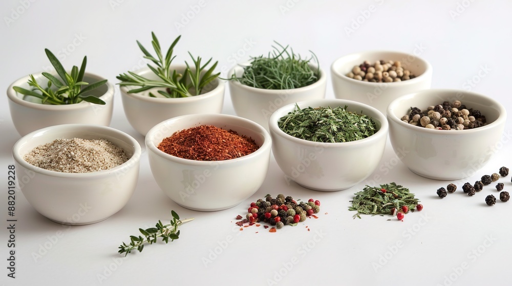 Vibrant Herbs and Spices in Ceramic Dishes on Minimalist Background Vibrant Herbs and Spices in Ceramic Dishes on Minimalist Background