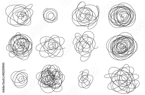 Hand-Drawn Scribbles of Tangled Intertwined Lines in Different Shapes and Size. Editable Line. Adjustable Stroke Width.