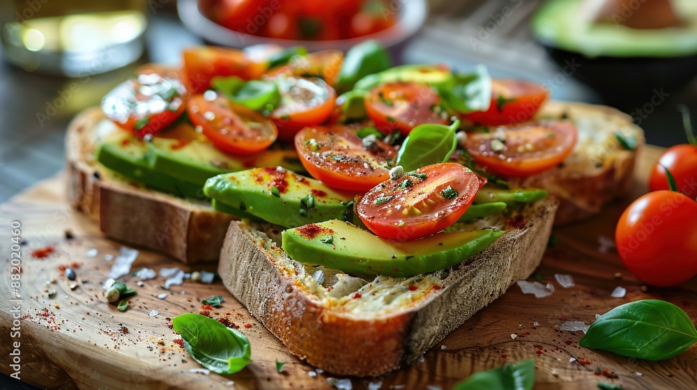 Fresh Artisan Bread with Avocado and Cherry Tomatoes on Wooden Cutting Board Fresh Artisan Bread with Avocado and Cherry Tomatoes on Wooden Cutting Board