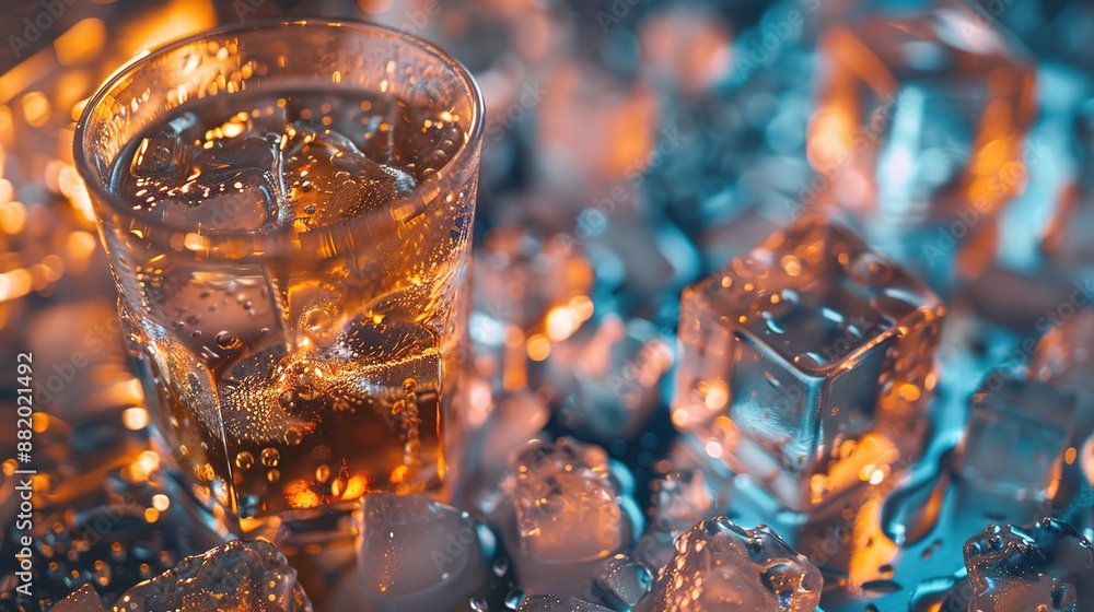 Chilled Refreshments - Close-up of Frosty Glasses with Melting Ice Cubes and Soft Illumination Chilled Refreshments - Close-up of Frosty Glasses with Melting Ice Cubes and Soft Illumination