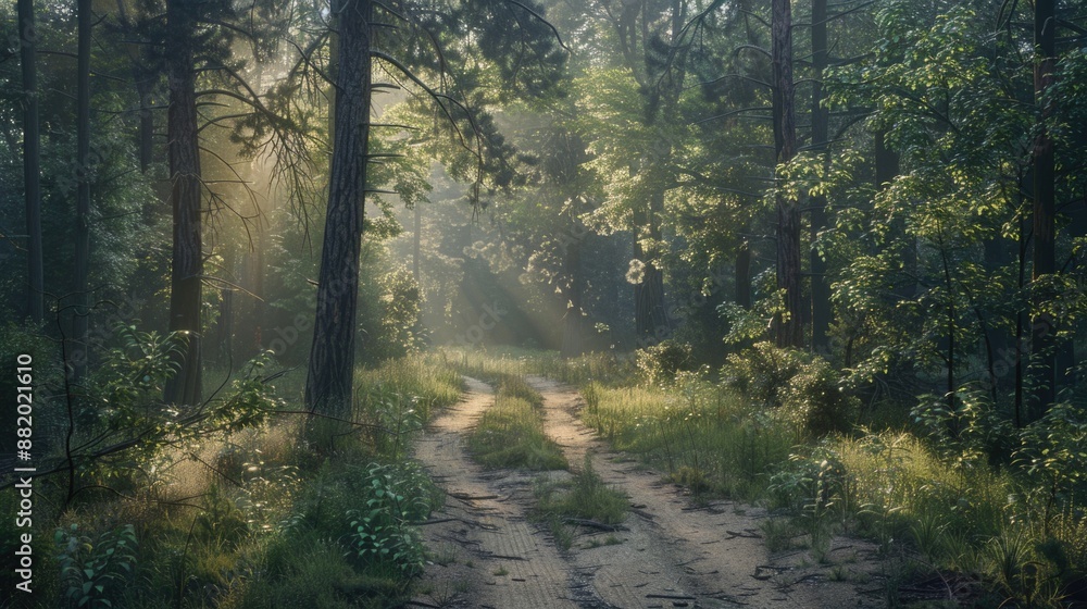 Naklejka premium A dirt road winding through a dense forest with tall trees and underbrush