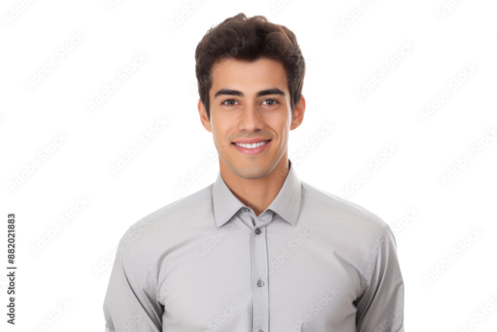 Portrait of a smiling young business professional, wearing a gray shirt and exuding confidence. Isolated on white background Portrait of a smiling young business professional, wearing a gray shirt and exuding confidence. Isolated on white background