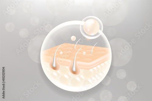 Hyaluronic acid and Niacinamide gray hair and skin solutions ad, white collagen serum drops into skin cell with cosmetic advertising background ready to use, illustration vector.