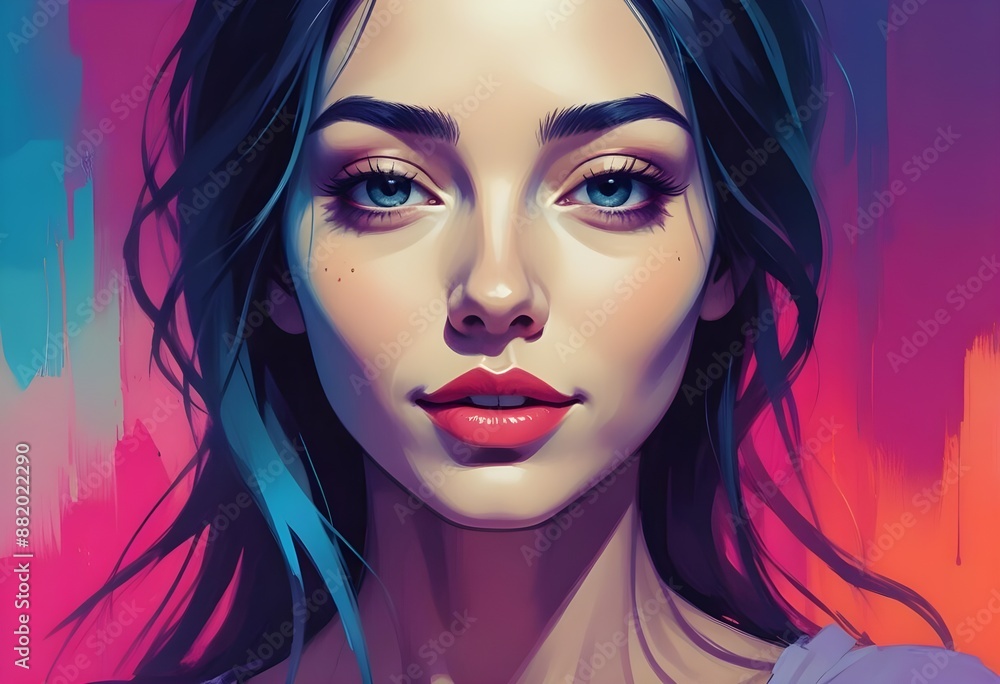 Portrait of a beautiful woman smiling to the camera, artwork, painting, pink and blue Portrait of a beautiful woman smiling to the camera, artwork, painting, pink and blue