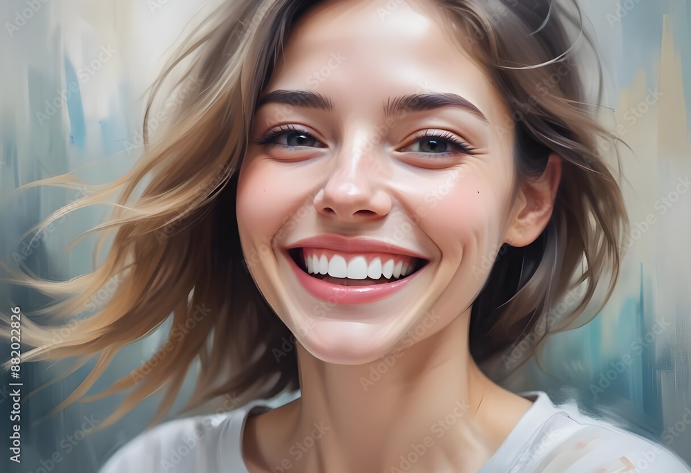 Portrait of a beautiful woman smiling to the camera, artwork, painting, wavy hairs, blue eyes, blonde Portrait of a beautiful woman smiling to the camera, artwork, painting, wavy hairs, blue eyes, blonde