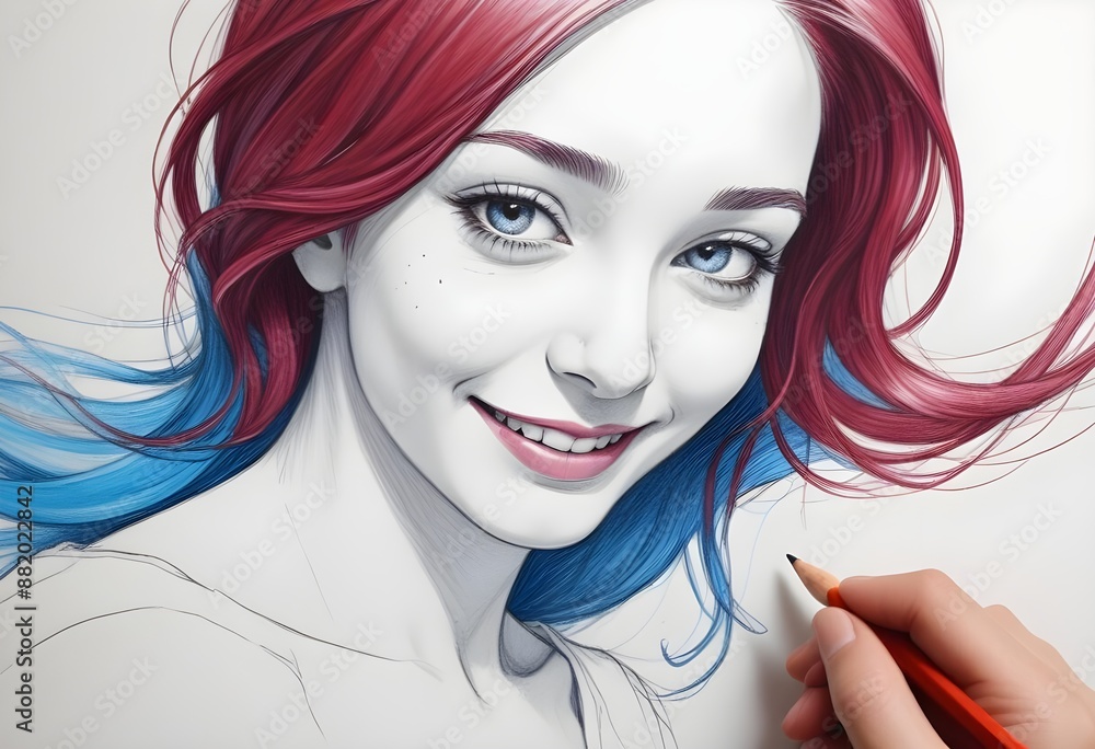 Portrait of a beautiful woman smiling to the camera, artwork, painting, pencil drawiong, red haris, black and white Portrait of a beautiful woman smiling to the camera, artwork, painting, pencil drawiong, red haris, black and white