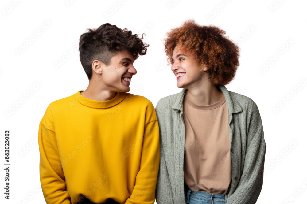 Multicultural group of young friends, featuring a nonbinary person, smiling and showing unity. Isolated on white background