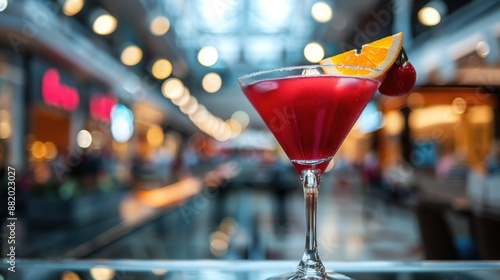 Red Cocktail In A Martini Glass with a Blurred Retail Shopping Mall Type Background