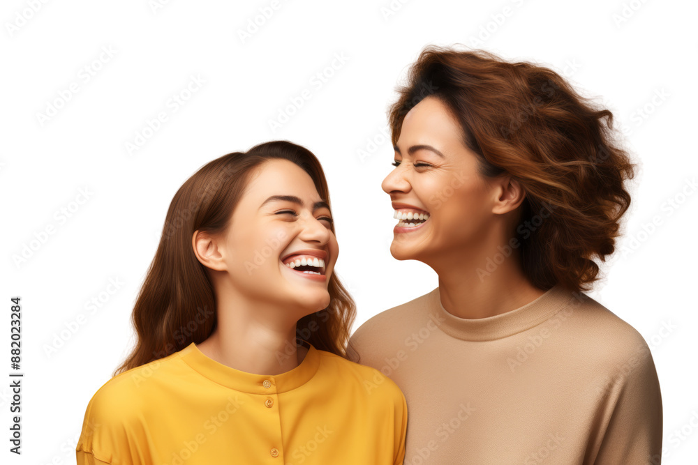 Mother and daughter laughing together, highlighting their joyful relationship and connection. Isolated on white background Mother and daughter laughing together, highlighting their joyful relationship and connection. Isolated on white background