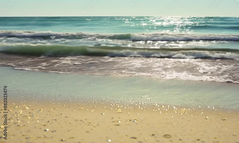 The ocean is calm and the sun is shining on the water. The beach is empty and the waves are small The ocean is calm and the sun is shining on the water. The beach is empty and the waves are small