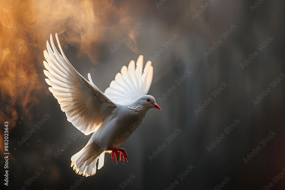 Fototapeta premium Flying dove in radiant light, symbolizing peace, religion, and love; ideal for Easter, weddings, or serene designs with copy space available.