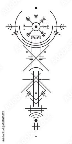 Magic ancient viking art deco, Vegvisir magic navigation compass ancient. The Vikings used many symbols in accordance to Norse mythology, widely used in Viking society. Logo icon Wiccan esoteric sign