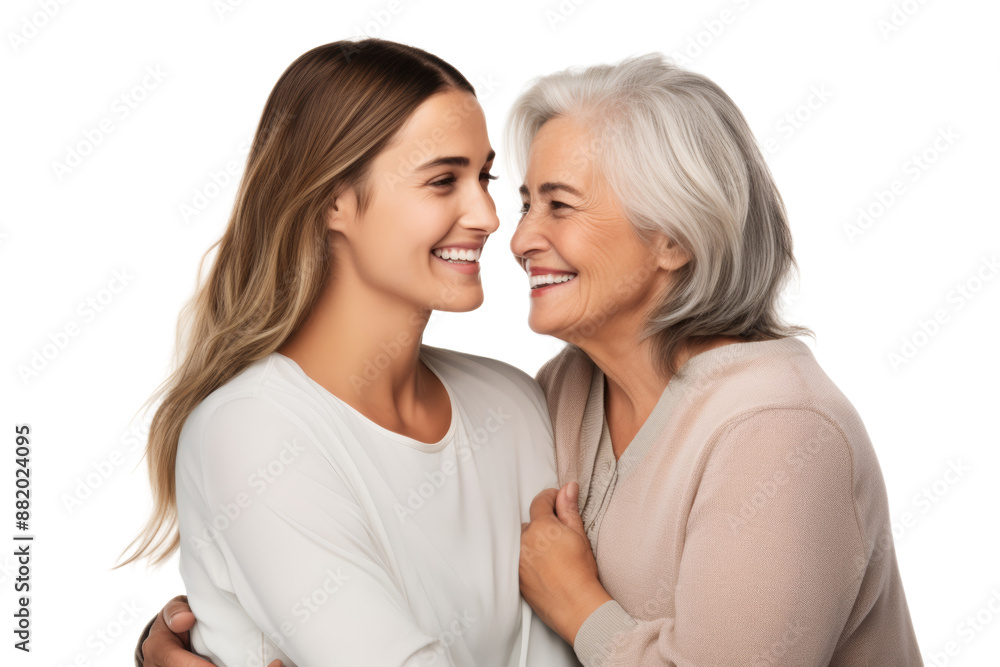 Mature mother and daughter sitting together, sharing a happy moment and showing their deep connection. Isolated on white background Mature mother and daughter sitting together, sharing a happy moment and showing their deep connection. Isolated on white background