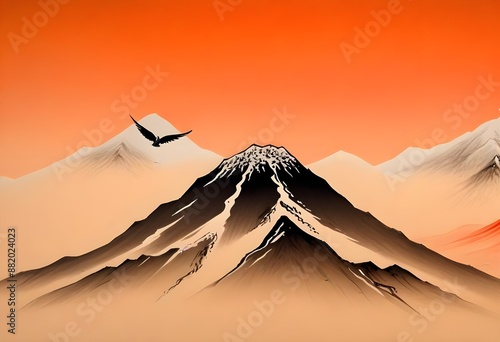 A snow-capped mountain peak rising above a misty, orange-hued landscape with birds flying in the distance, traditional japanese style painting artwork photo